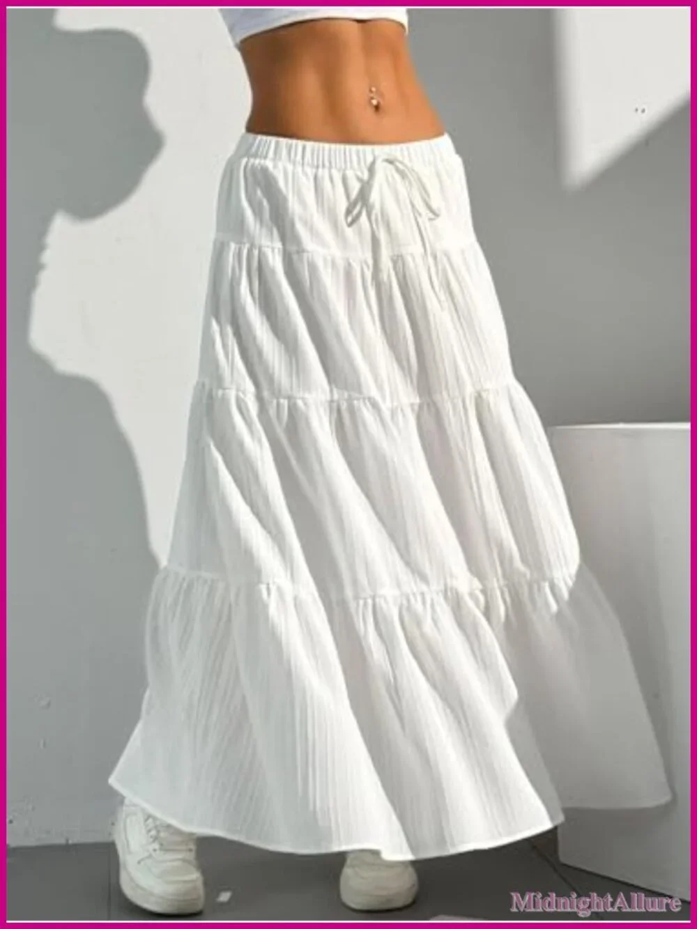 Boho Flowy White Maxi Skirt with Ruffled Hem Elastic Waist A Line